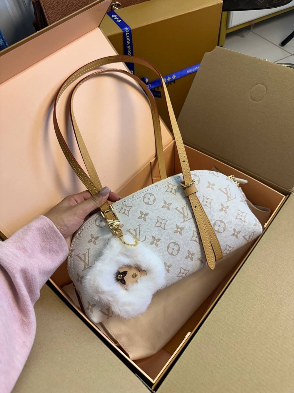 Louis Vuitton Cream Monogram Canvas Shoulder Bag with Tan Straps